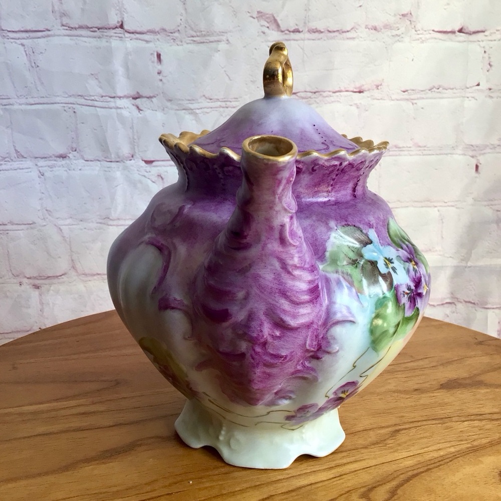 Vintage Signed Selb Bavaria Germany Purple and Blue Floral Footed Teapot - Picture 6 of 10